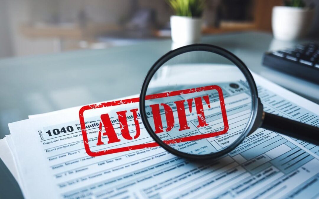 Tax form stamped with the word 'AUDIT' in bold red letters, representing common IRS audit triggers and how to avoid them.