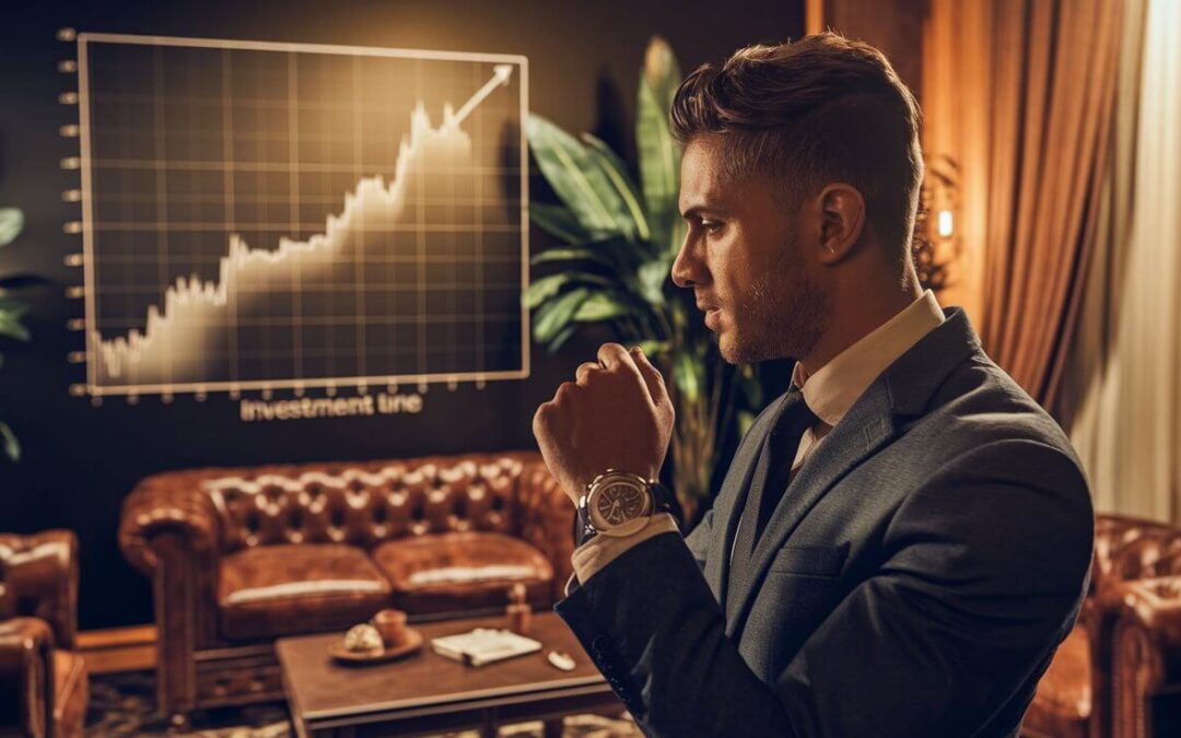 Man in his office reviewing a chart showing rising net worth, symbolizing strategies to reduce capital gains tax and grow wealth efficiently